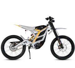 White 79BIKE Falcon Pro Electric Dirt Bicycle with black and yellow accents on a white background