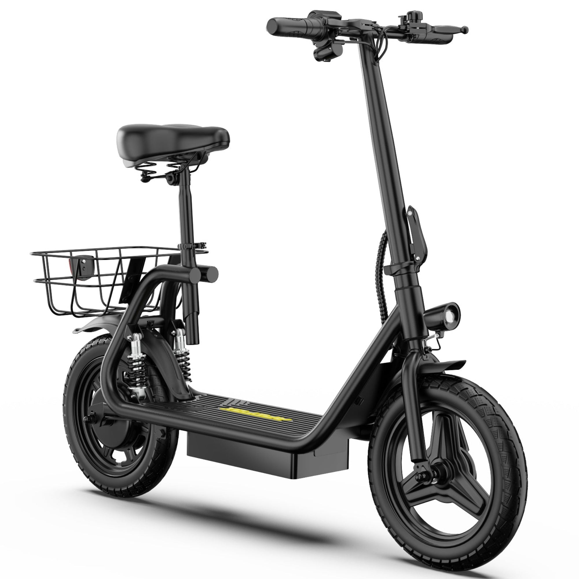 A APEFOX C14 Electric Scooter in black with a rear cargo basket, black seat, and front headlight, shown on a clean white background.