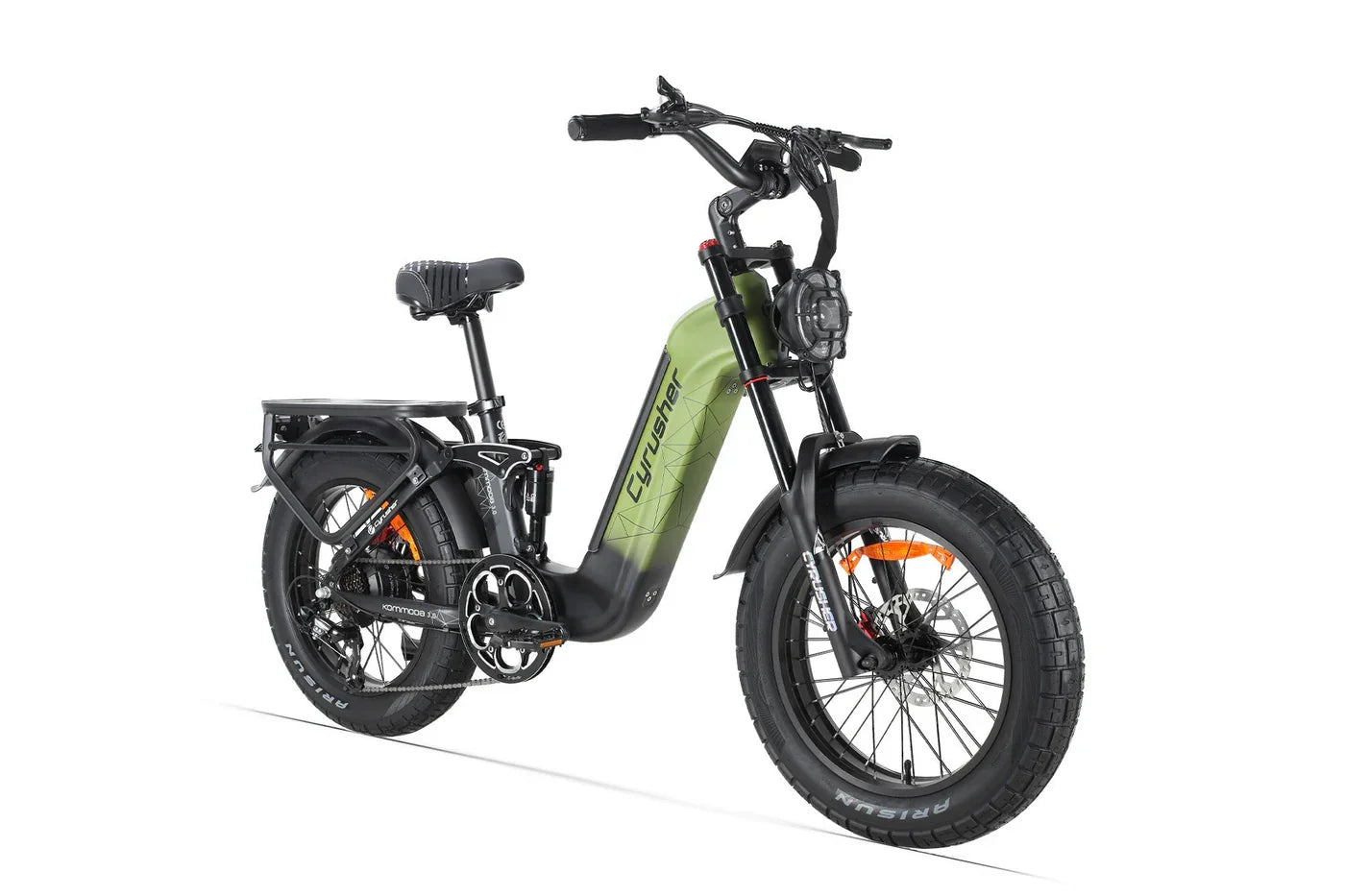 Electric bike with a green frame and black components on a white background