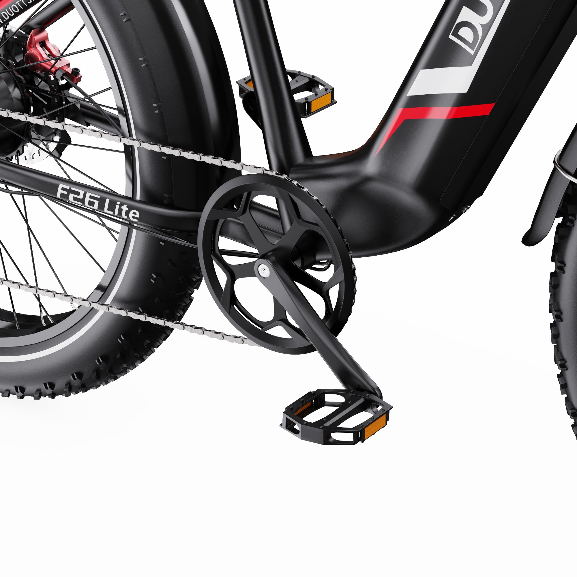 Close-up of a DUOTTS F26 Lite Electric bicycle with a focus on the chain and pedal area, featuring the brand 'DUOTTS".