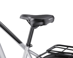 Close-up of a DUOTTS F26 Lite Electric bicycle seat with a black seat post and 'Duotts' branding on a white background.