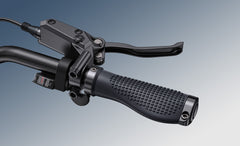 Close-up of a motorcycle handlebar with throttle and brake lever on a gradient background of Engwe Engine Pro 3.0 Boost Folding Electric Bike