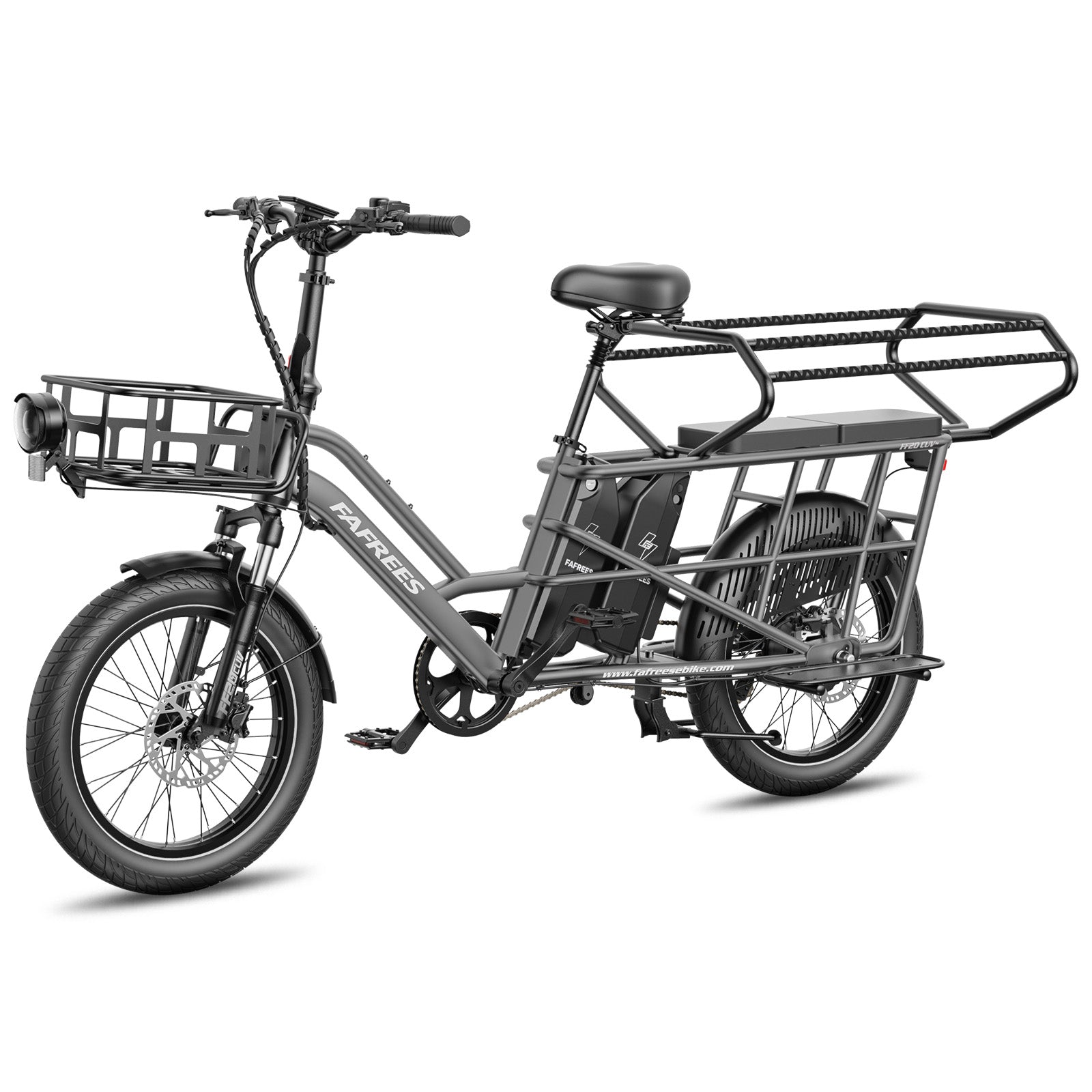 Fafrees FF20 CUV Modular longtail Cargo Bike in Gray with a basket and seat on a white background