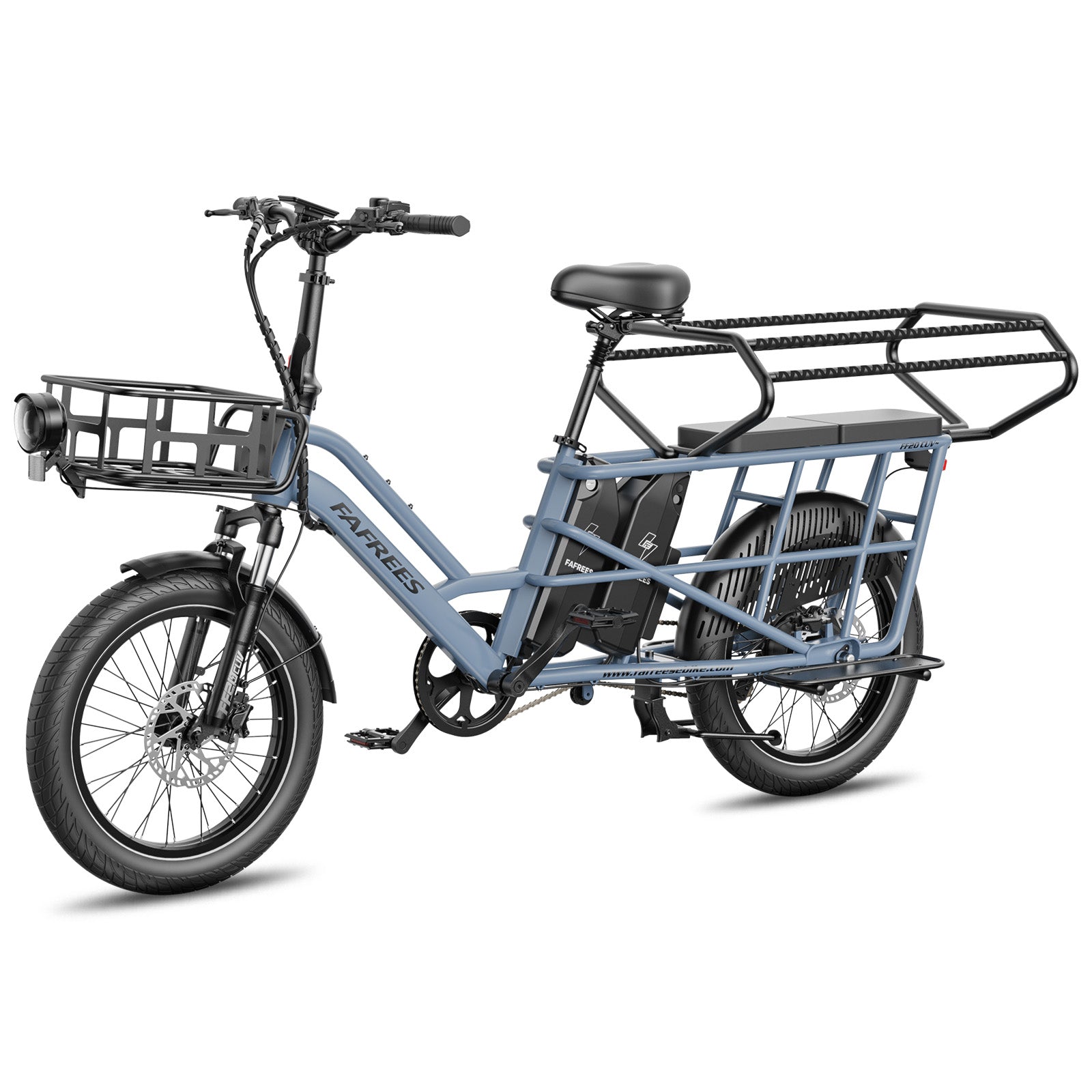 Blue electric bike with a basket on a white background