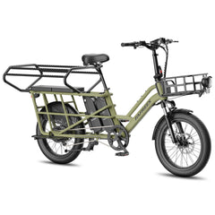 Green cargo bike with a basket on a white background