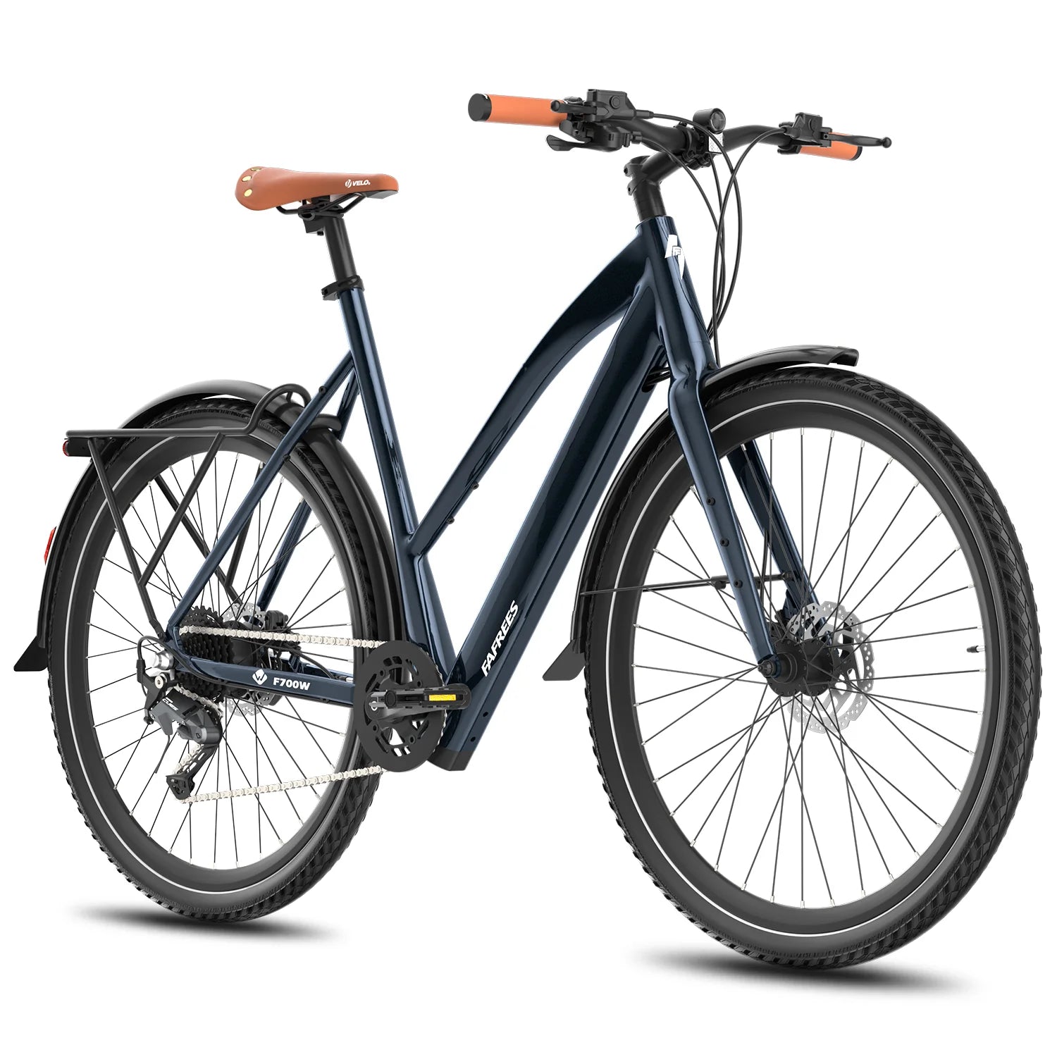 Blue Fafrees F700W Electric Bike with orange handlebars on a white background