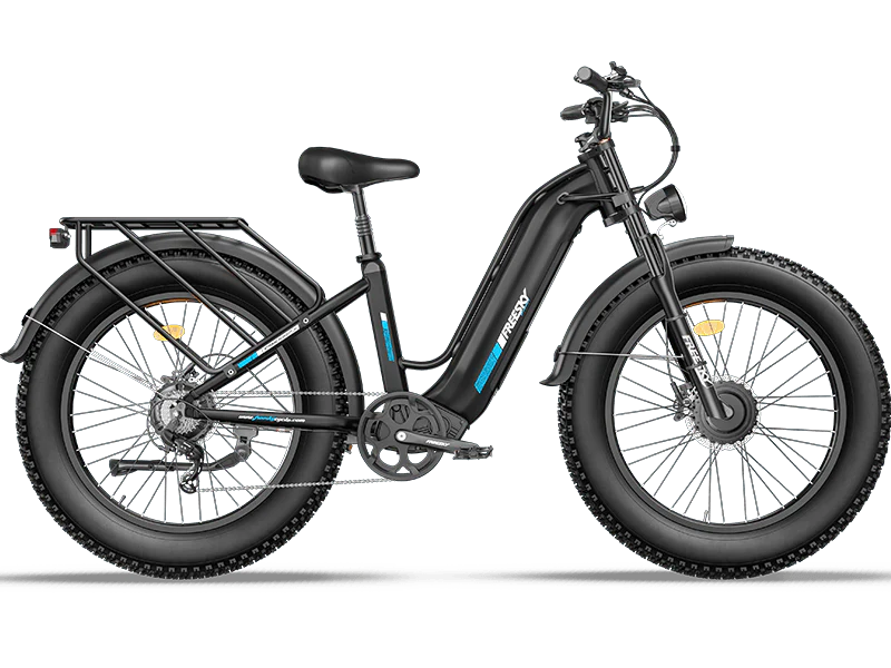 Freesky Ranger M-540 Dual-Motor Step-Thru Ebike in black on a white background