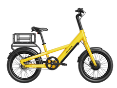Yellow Heybike EC Compact Sport Electric Bike with a black seat and basket on a white background