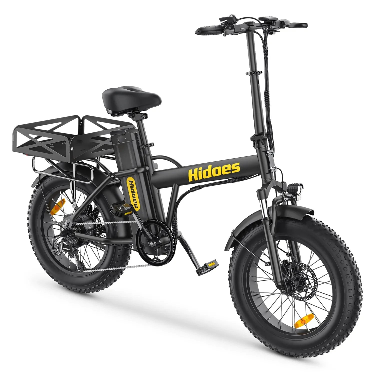Black Hidoes F3 Pro Electric Bike with yellow branding on a white background