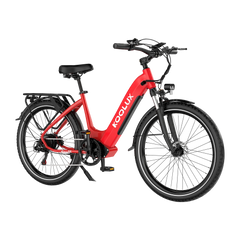 Red electric bike with 'Koolux' branding on a white background - Pogo Cycles, Ireland