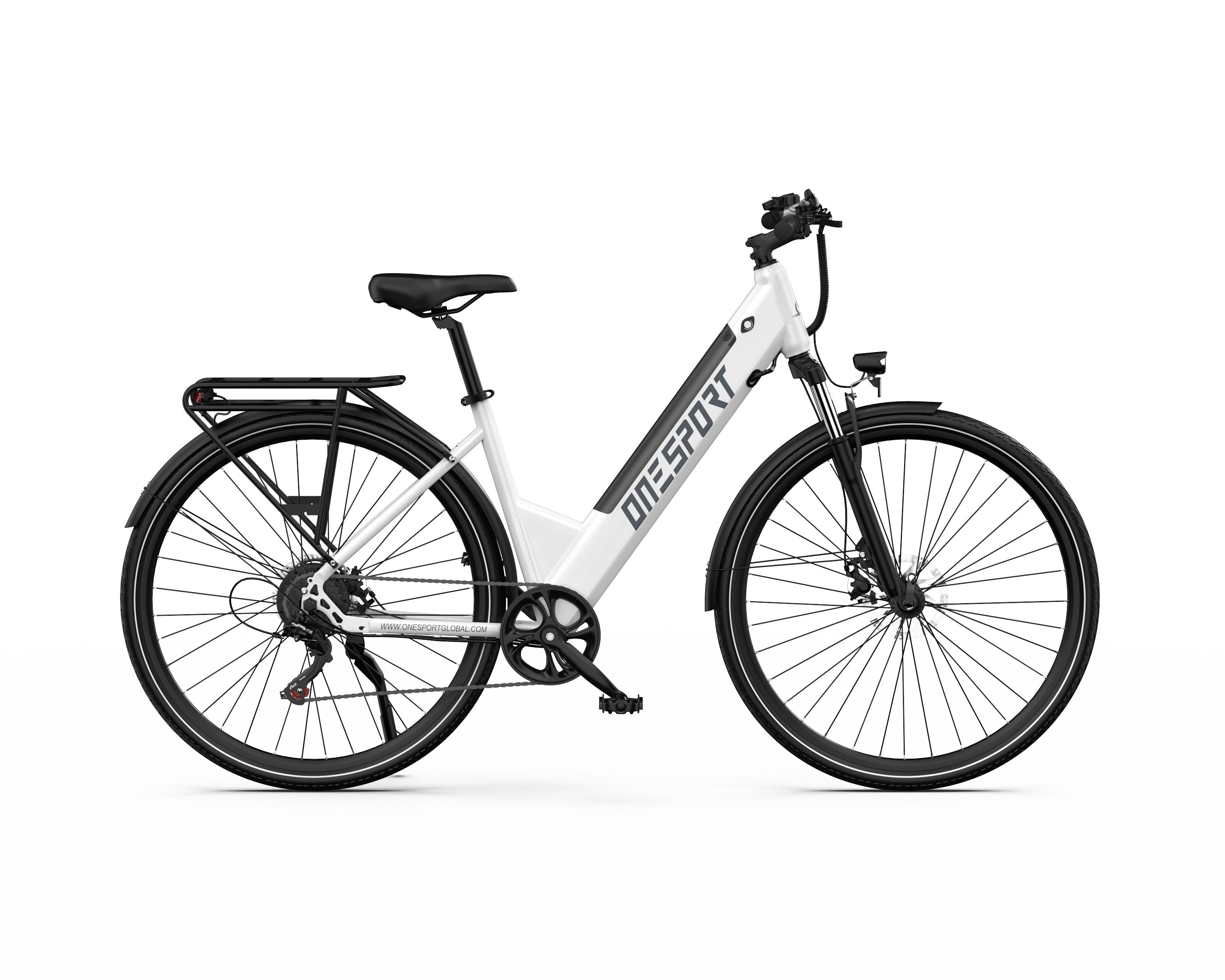White ONESPORT OT12 Urban Electric Bike with black accents on a white background