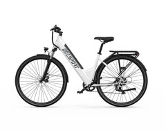 White ONESPORT OT12 Urban Electric bicycle with black accents on a white background - Pogo Cycles