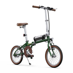 Green OneSport OT02 Compact Folding Electric bicycle with brown seat and tires on a white background