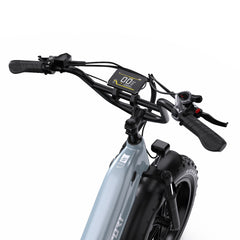 Close-up of an Onesport OT08 electric bike handlebar with a display on a white background