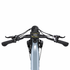 Front view of an Onesport OT08 electric bicycle handlebar with black grips, black handlebars, a central digital display screen, and a light blue frame against a white background.