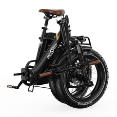 Folded Black Onesport OT16 MAX electric bike with brown seat on a white background