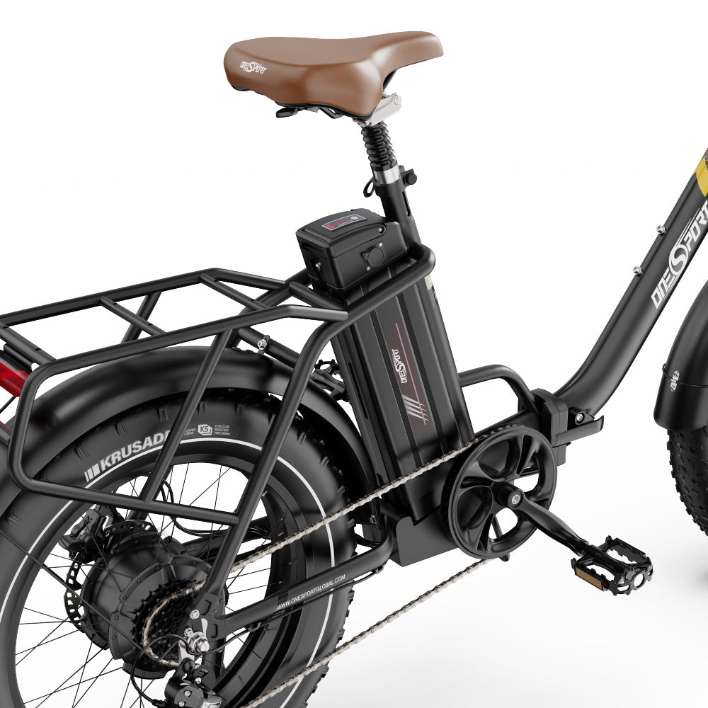 Black electric bike with a brown seat on a white background - Onesport OT16 MAX Folding Electric Bike - Pogo Cycles