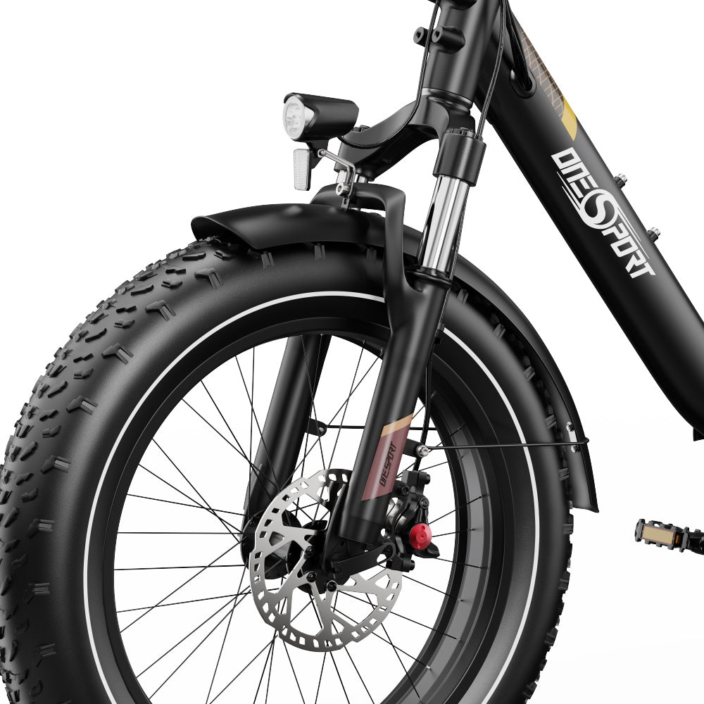 Close-up of a black Onesport OT16 MAX Folding Electric Bike with 'ONE SPORT' branding on a white background - Pogo Cycles, Ireland