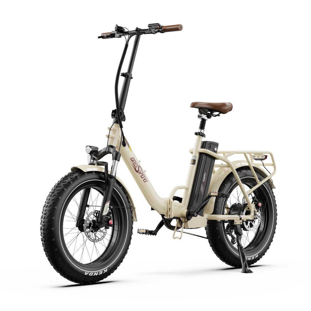 Beige Onesport OT16 MAX Folding Electric Bike with brown seat on a white background