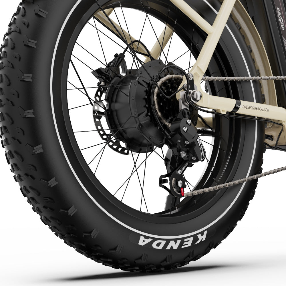 Close-up of a Onesport OT16 MAX Folding Electric bicycle wheel with Kenda tire on a white background