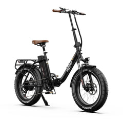 Black Onesport OT16 MAX Folding Electric Bicycle with brown seat on a white background