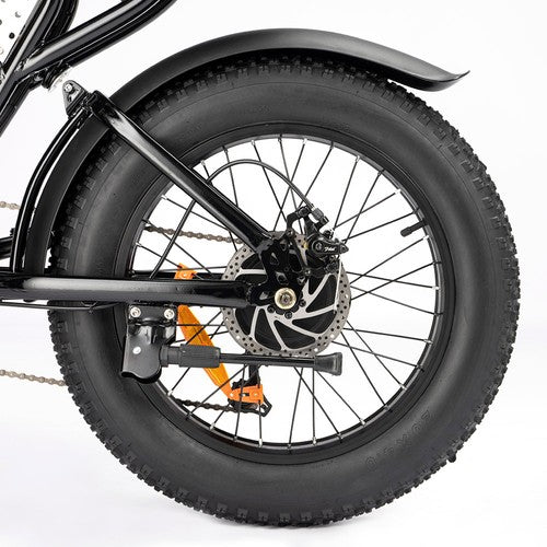 Close-up of a Ridstar Q20 Mini Electric bicycle wheel with black tire and chain on a white background