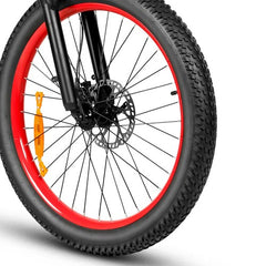 Close-up of a SAMEBIKE LO26-Plus Electric Bike wheel with red rim and black tire on a white background