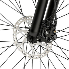 Close-up of a SAMEBIKE LO26-Plus Electric Bike wheel with disc brake system on a white background