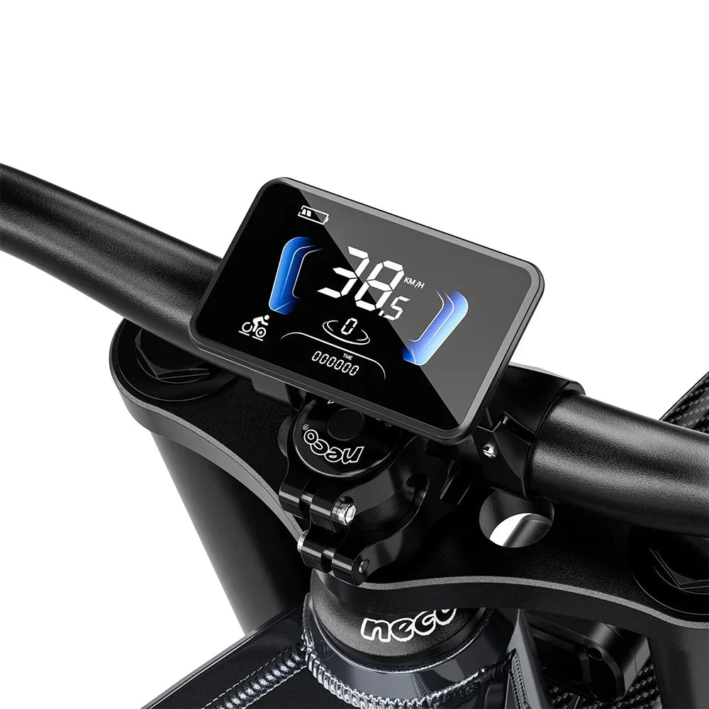 Digital display on a bicycle handlebar with Neev branding