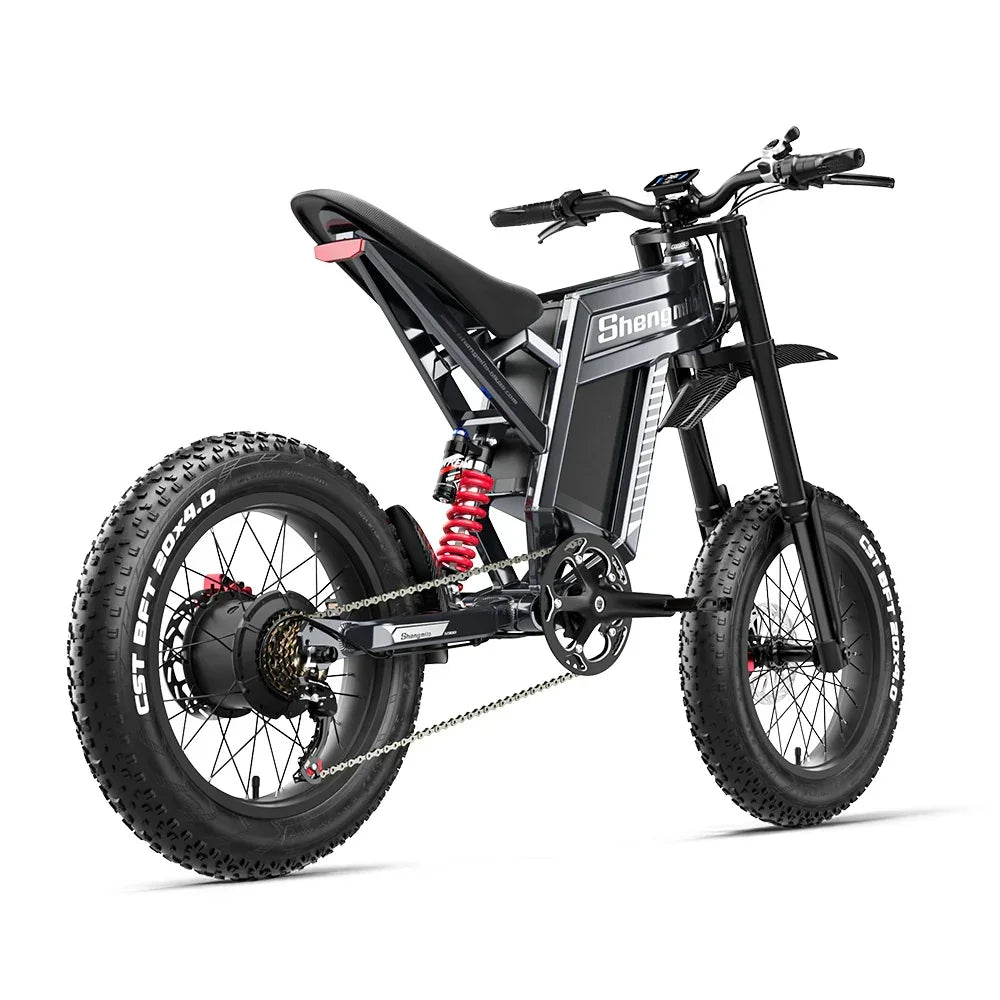 Black electric bike with large wheels on a white background