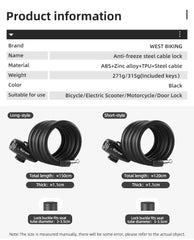 WEST BIKING Antifreezing Bicycle Cable Lock Portable Anti-Theft Bike Wire Lock With 2 Keys E-Bike Scooter Motorcycle Safety Lock