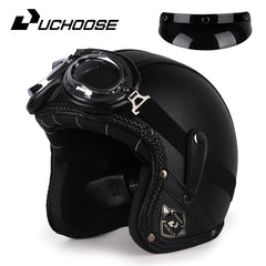 UCHOOSE Retro Motorcycle Helmet PU Leather Open Face 3/4 Chopper Bicycle Helmets Classic Casco Moto Vintage