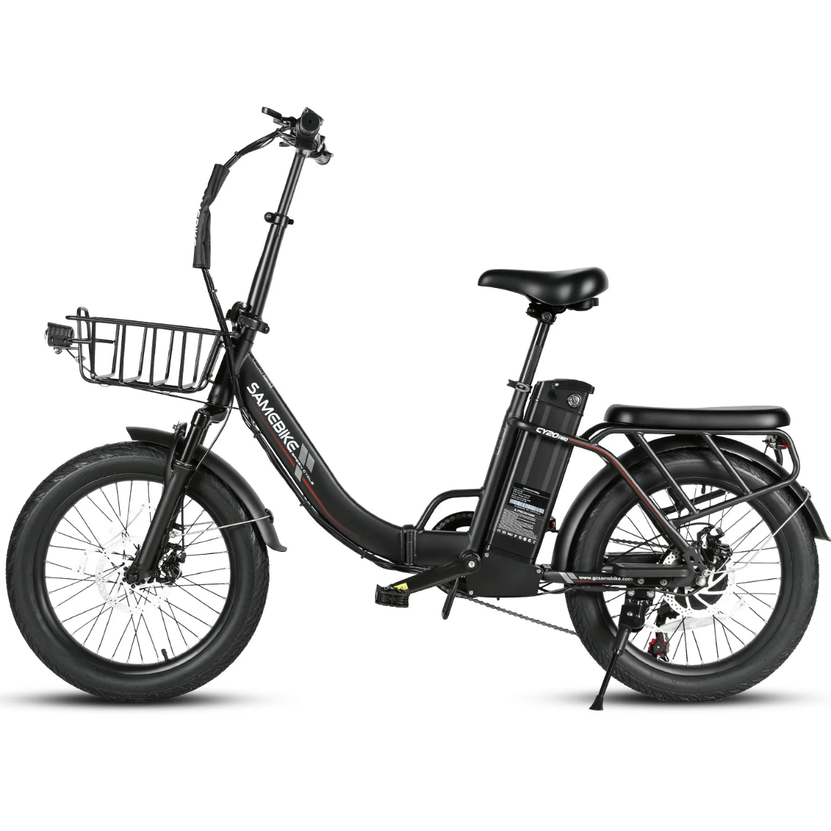 SAMEBIKE CY20 Pro Electric Bike in black with a basket on a white background