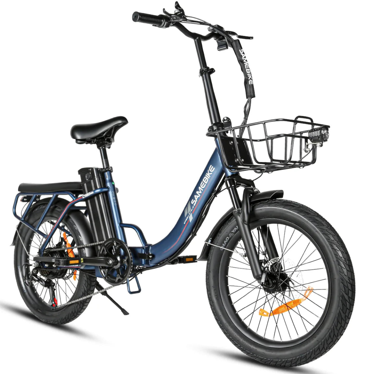 A blue and black folding electric bicycle with a front basket, rear cargo rack, and fat tires, shown on a clean white background.