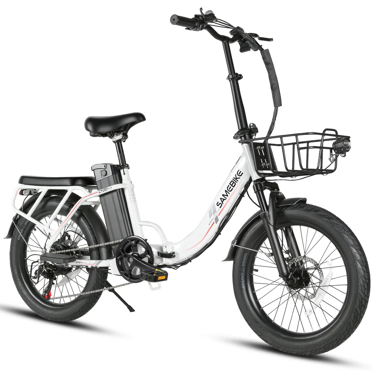 SAMEBIKE CY20 Pro Electric Bike in white with black seat and basket on a white background - Pogo Cycles, Ireland