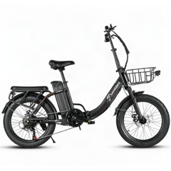 A black SAMEBIKE CY20 Pro Electric bicycle with a front basket, rear cargo rack, and integrated battery pack, shown from a side profile on a white background.