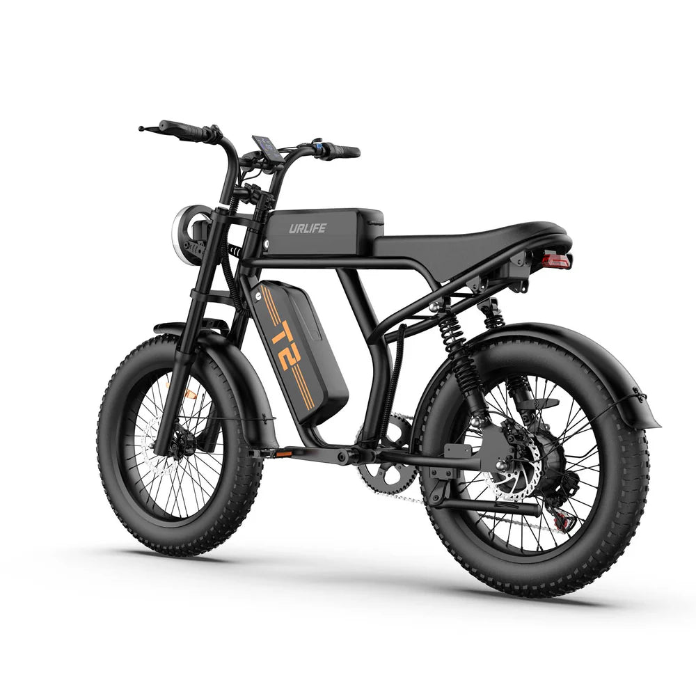 Side View of Black URLIFE T2 Off Road Electric Bike on a white background