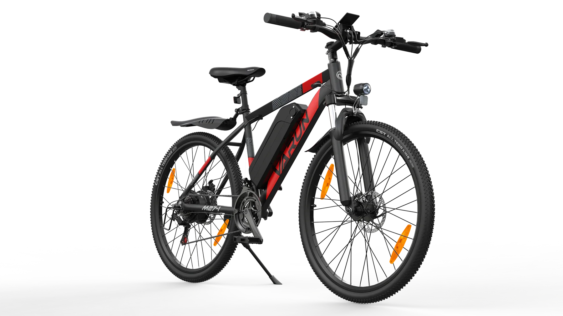 Black VARUN M27-1 Electric bicycle with red accents, battery on a white background