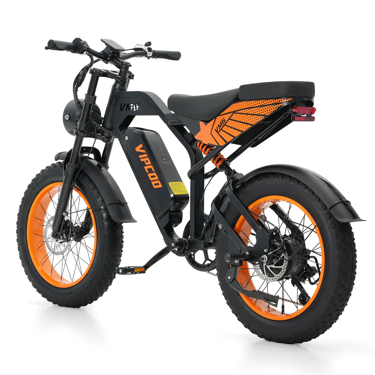 Black VIPCOO VM6 Electric City Motorcycle with orange wheels on a white background