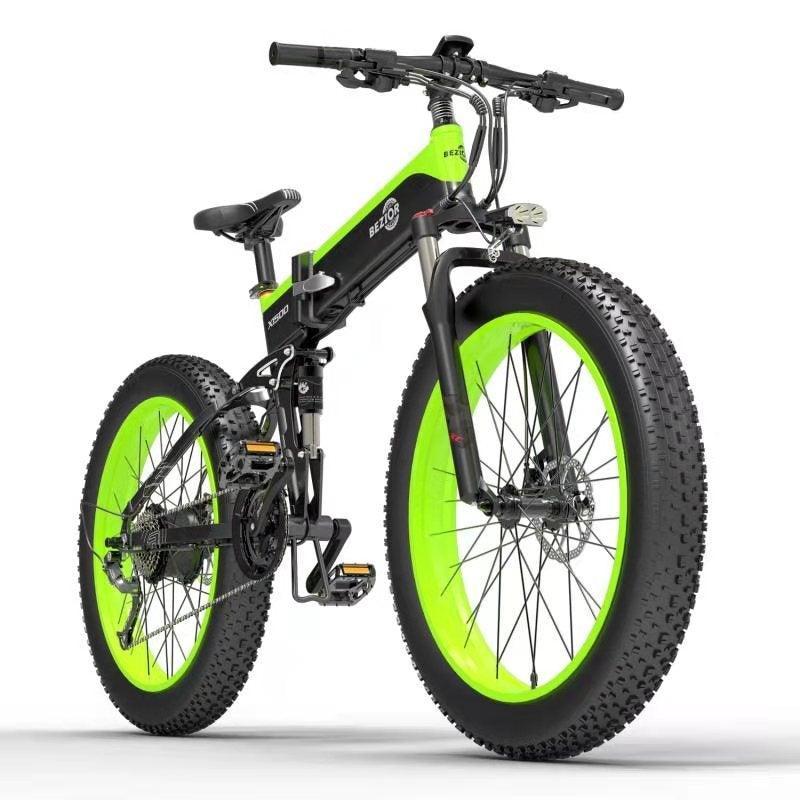 Bezior X1500 mountain electric bike in black and green, side front angle view