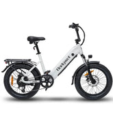A white Bodywel F20 City Electric bicycle with fat tires, black saddle, black handlebars, and black fenders, shown from a side profile on a white background.