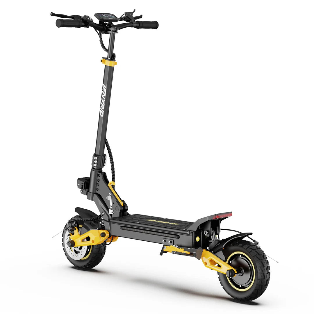 Side view of Black and yellow iENYRID ES1 Dual Motor Off-Road Electric Scooter on a white background