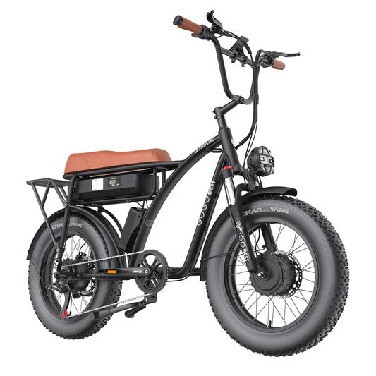 Black electric bike with brown seat and fat tires, showcased at Pogo Cycles e-bike store