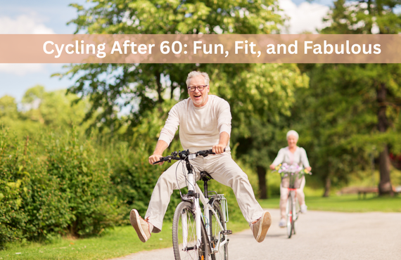 Senior man and woman joyfully riding bicycles outdoors, promoting cycling after 60 for fitness