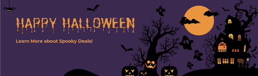 Halloween-themed banner with spooky house, pumpkins, bats, ghosts, and full moon