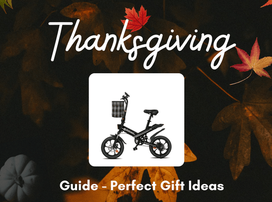 Thanksgiving electric bike gift guide by Pogo Cycles, featuring folding e-bike on autumn leaves background.