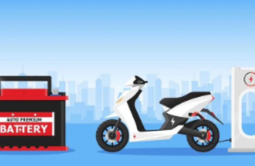 White electric scooter side view charging at station with large battery and city skyline