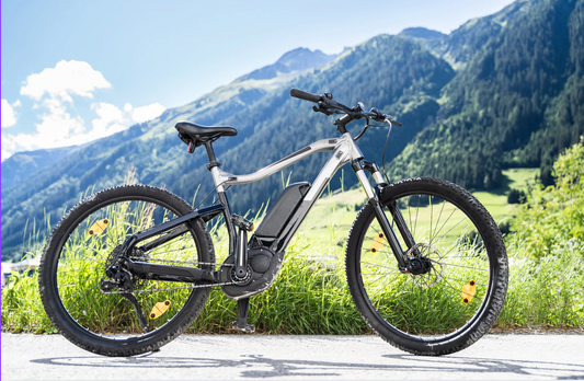 Electric mountain bike on scenic trail with mountains, Pogo Cycles e bike store
