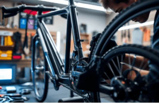 Technician working on rear drivetrain of a black electric bike in a workshop, side view