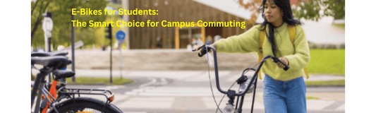 Student walking e-bike on campus, showcasing electric bikes for student commuting at Pogo Cycles